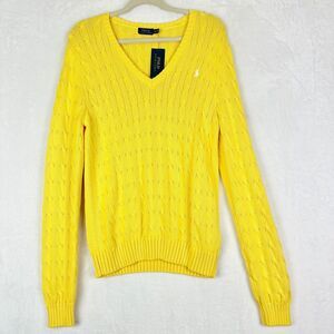 Polo Ralph Lauren Cable Knit Cotton V-neck Sweater Size XL Yellow NWT Preppy